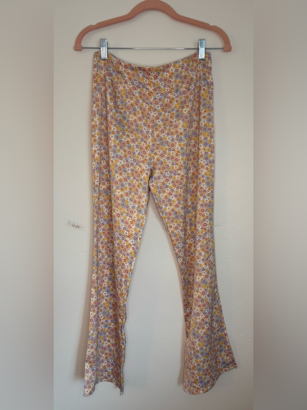 Zara Floral Satin Flare Pants, Pastel Multicolor, Fun Retro 60s 70s Style, M